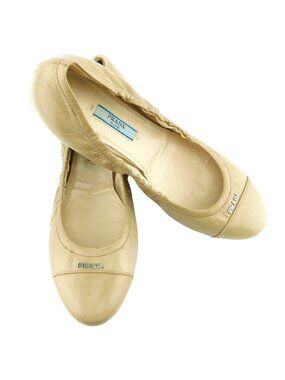 PRADA Logo Cap Toe Nude Beige Leather Ballet Flats Shoes 38